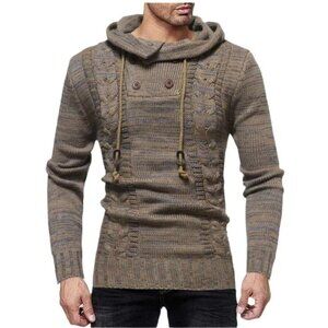 Men's Double-breasted Pullover Chunky Knit Hooded Sweater  M / Asian XL